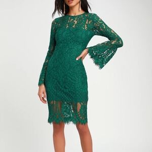 Lulus Enrapturing Elegance Green Lace Long Sleeve Midi Dress